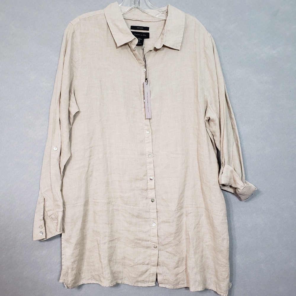 Tahari XL Tunic Shirt Beige 100% Linen Roll Tab Long Sleeve Lagenlook Luxury